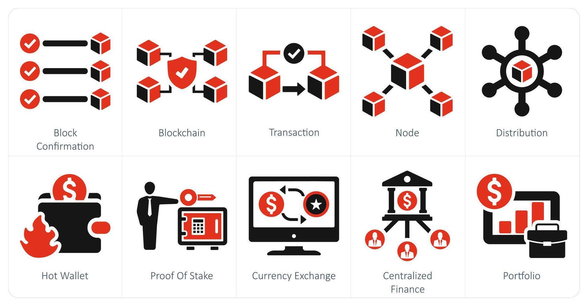 une ensemble de dix blockchain Icônes comme bloquer confirmation, chaîne de blocs, transaction vecteur