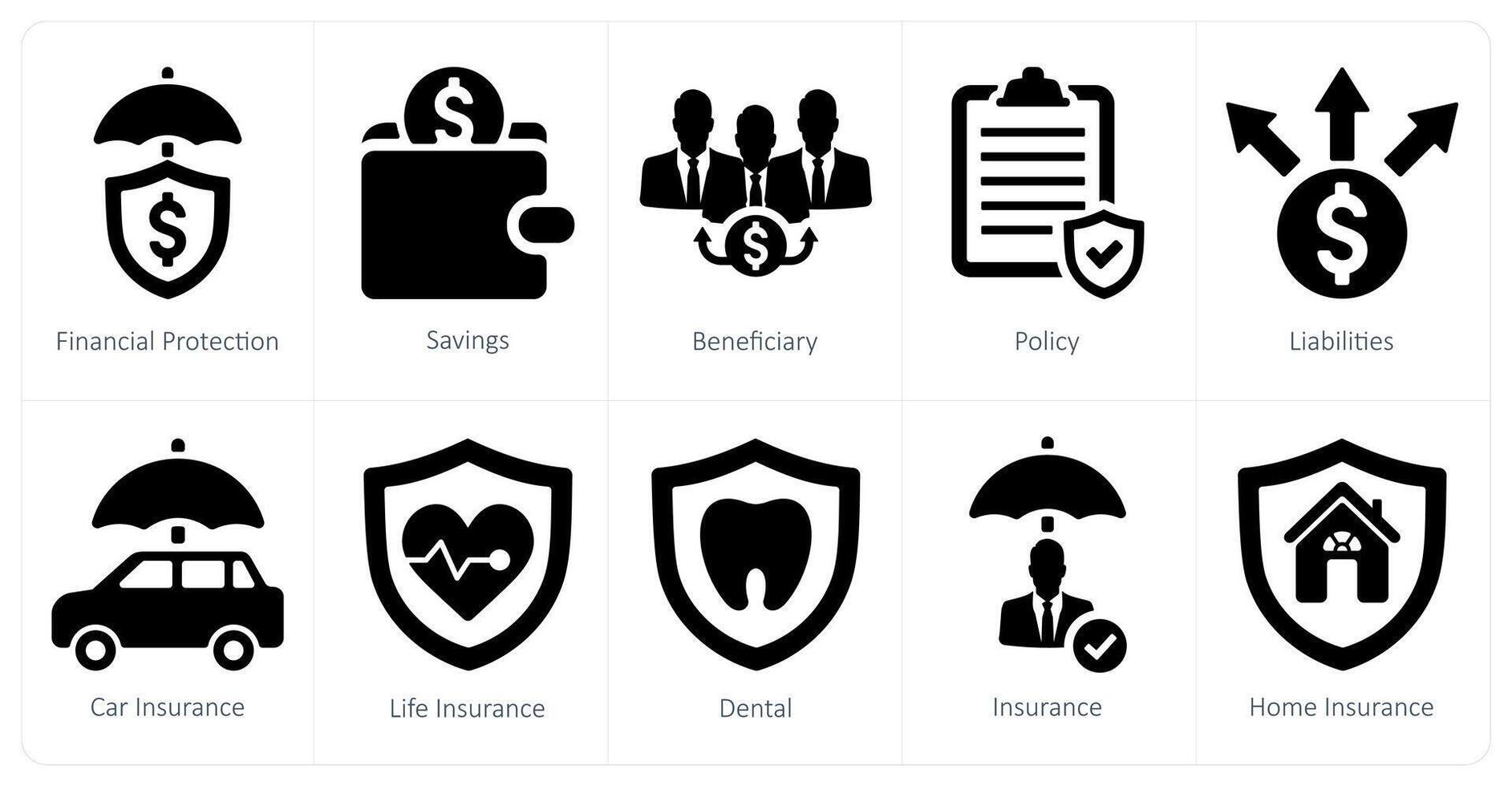 une ensemble de dix Assurance Icônes comme financier protection, des économies, Bénéficiaire vecteur