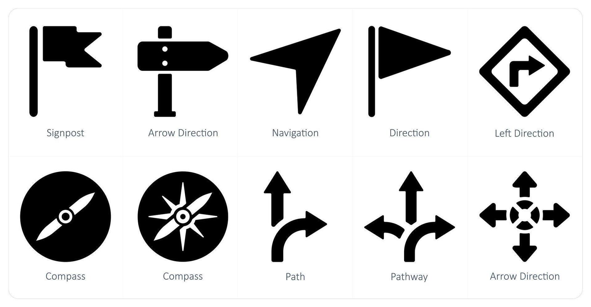 une ensemble de dix la navigation Icônes comme poteau indicateur, La Flèche direction, la navigation vecteur