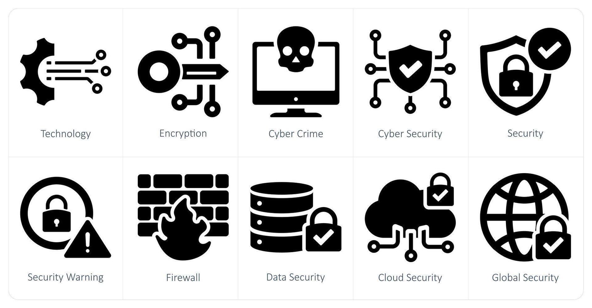 une ensemble de dix cyber Sécurité Icônes comme technologie, chiffrement, cyber la criminalité vecteur