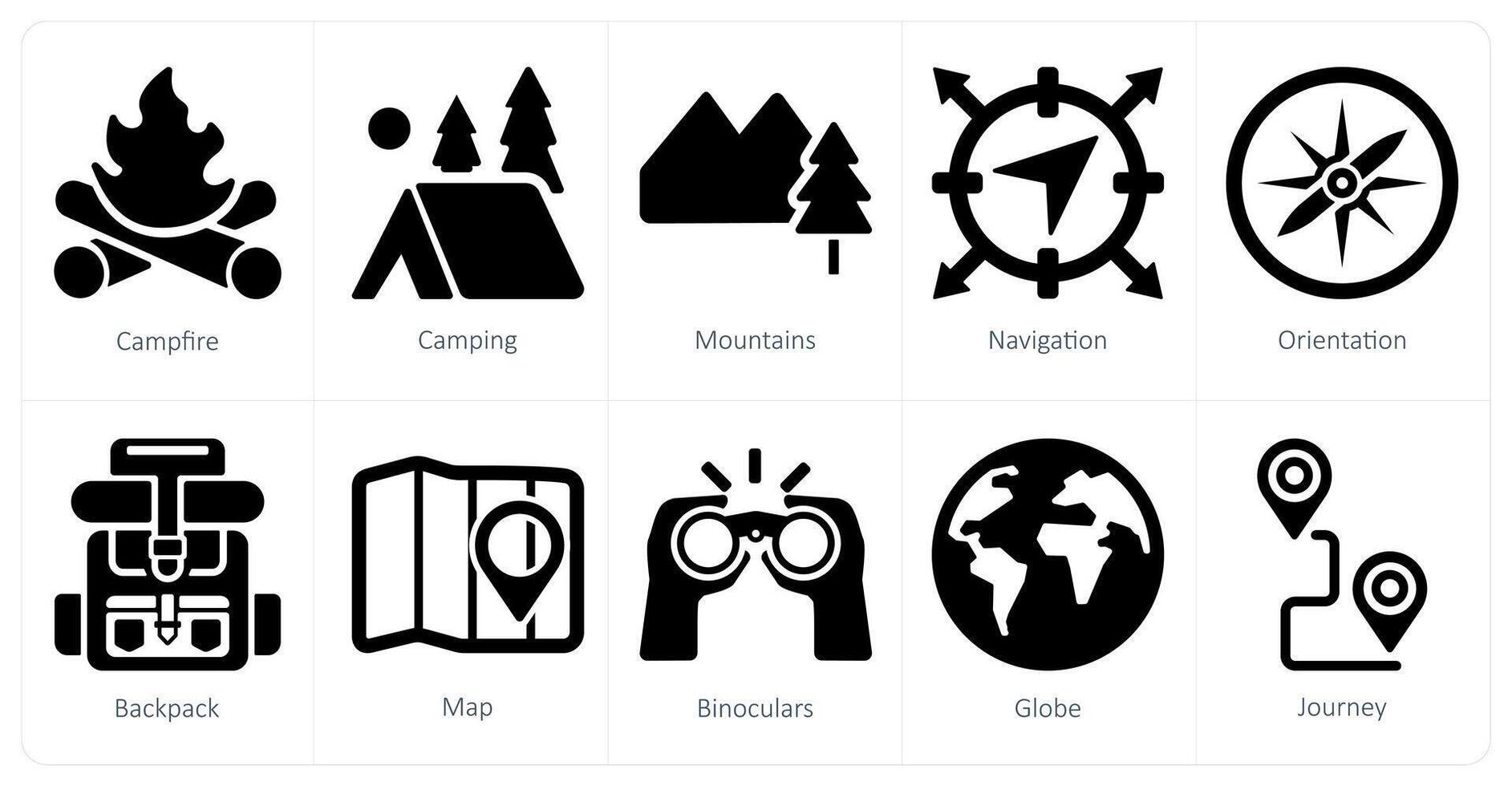 une ensemble de dix aventure Icônes comme feu de camp, camping, montagnes vecteur