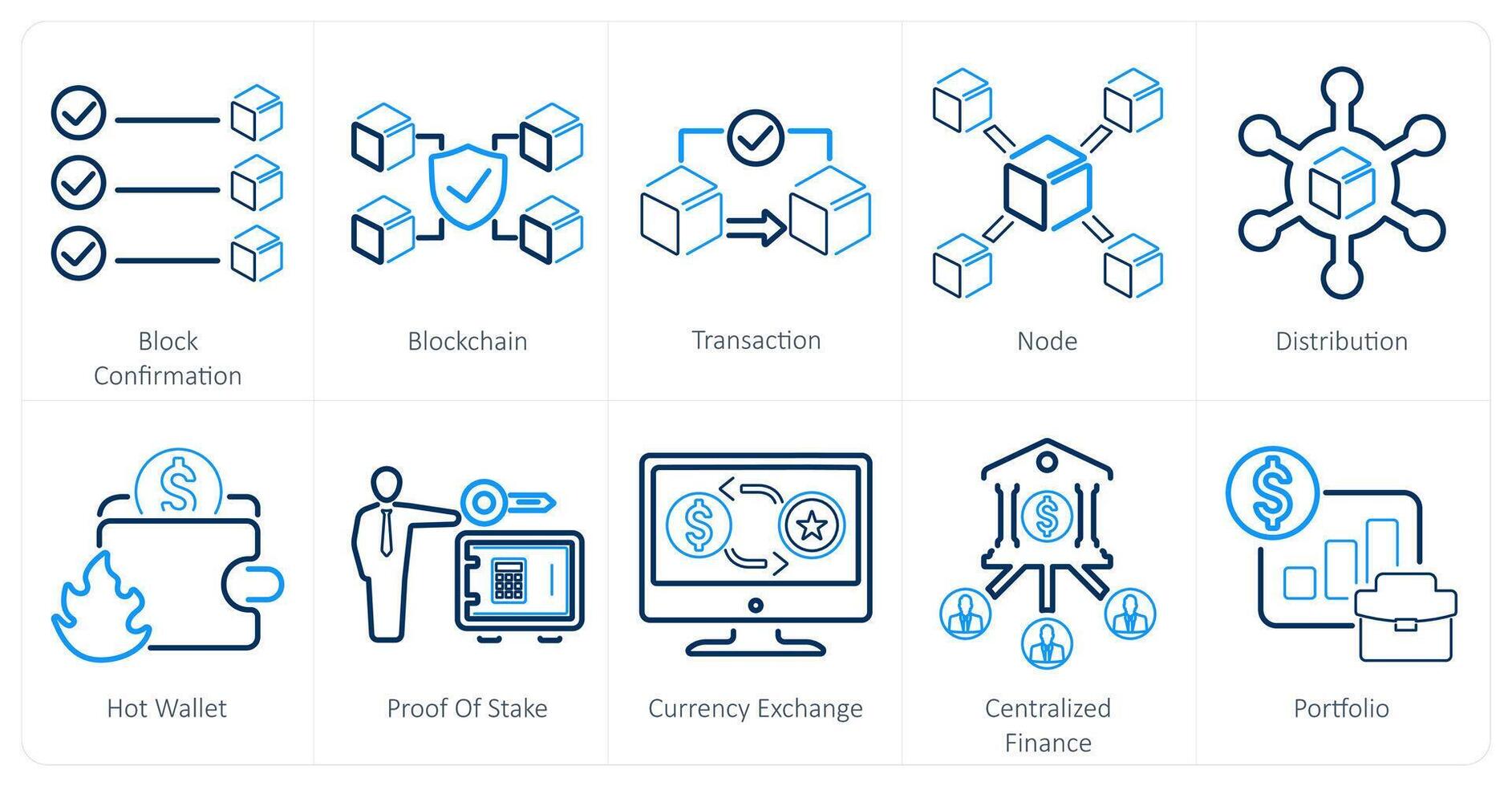 une ensemble de dix blockchain Icônes comme bloquer confirmation, chaîne de blocs, transaction vecteur