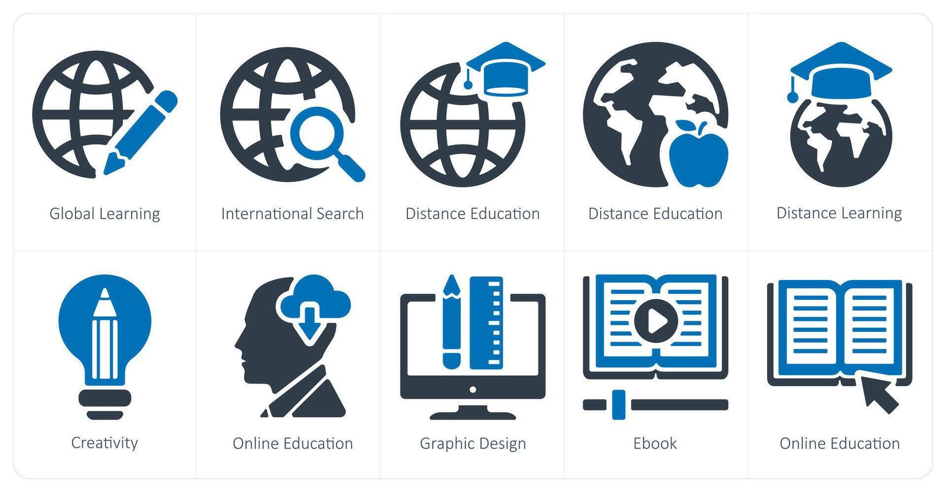 une ensemble de dix éducation en ligne Icônes comme global apprentissage, international recherche, distance éducation vecteur