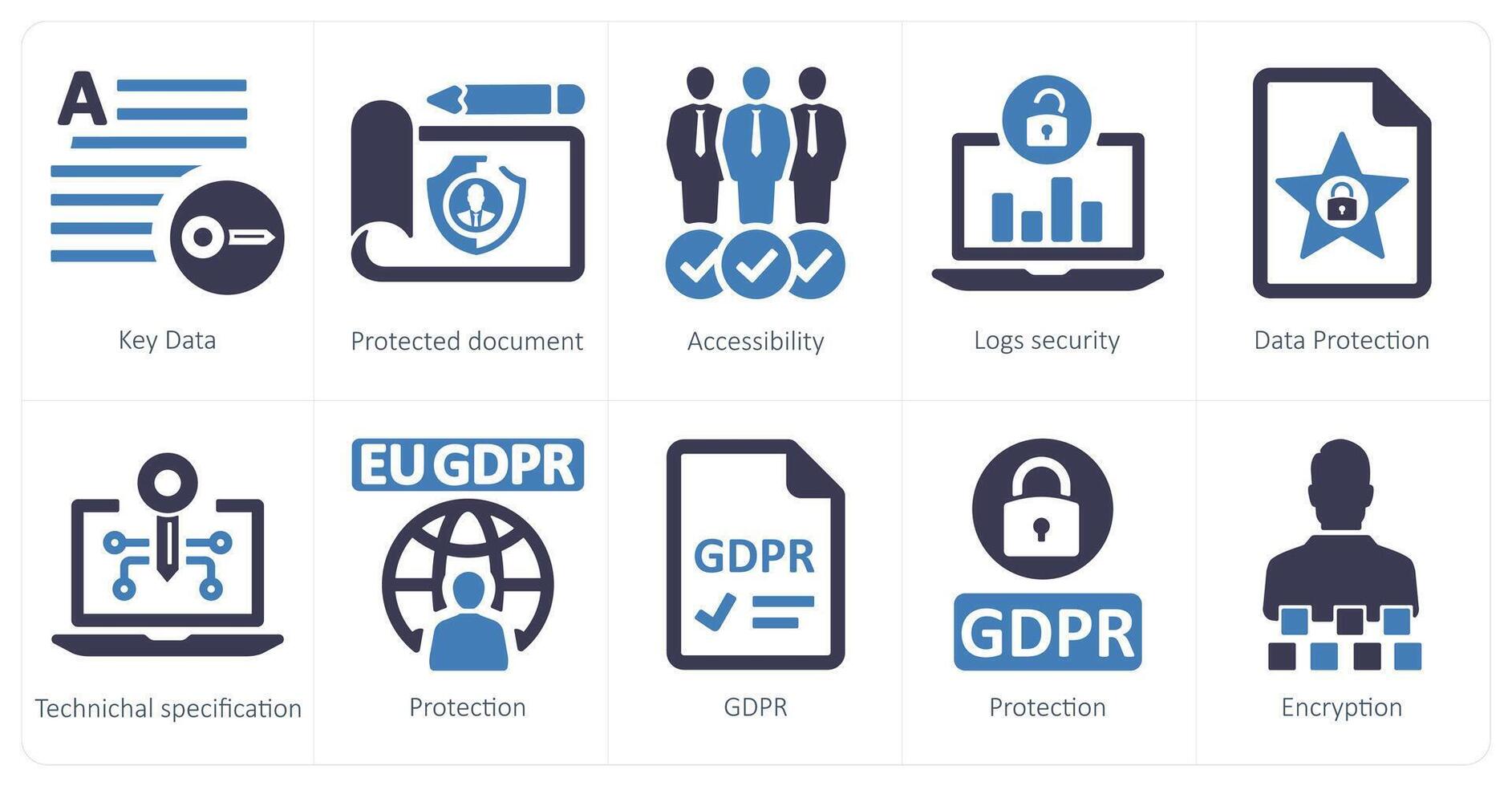 une ensemble de dix GDPR Icônes comme clé données, protégé document, accessibilité vecteur
