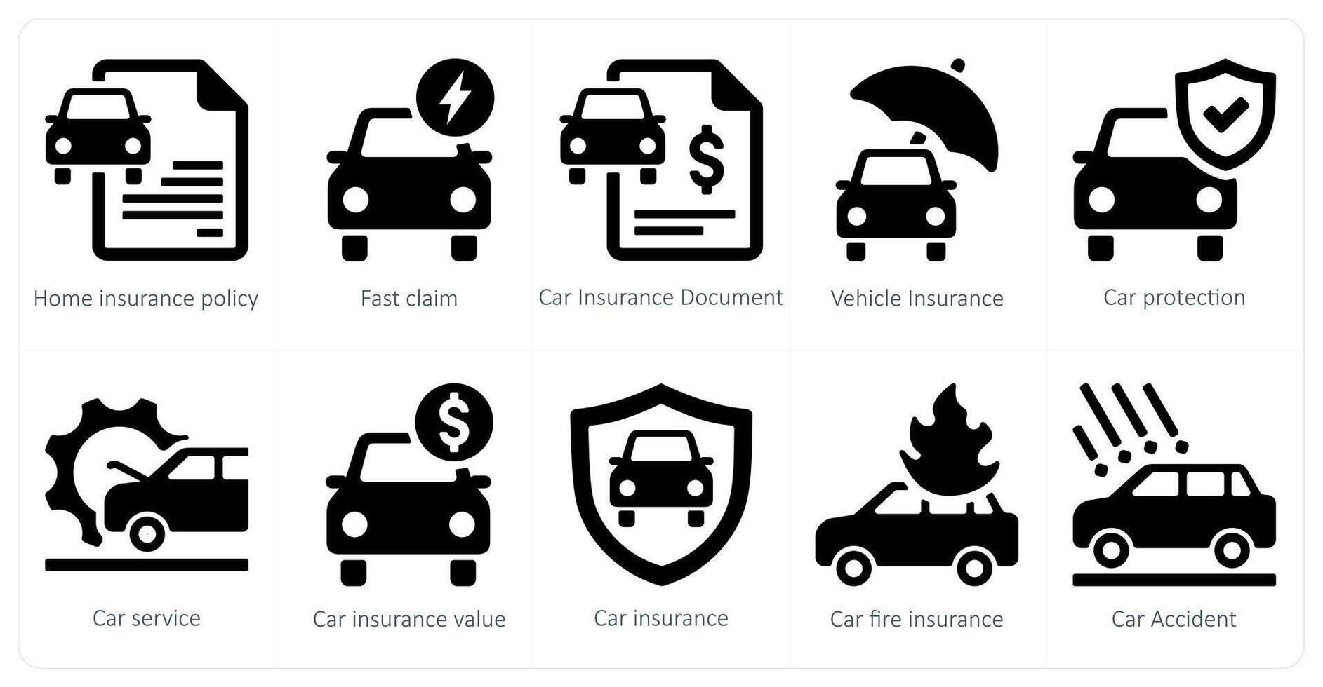 une ensemble de dix Assurance Icônes comme Accueil Assurance politique, vite réclamation, voiture Assurance document vecteur