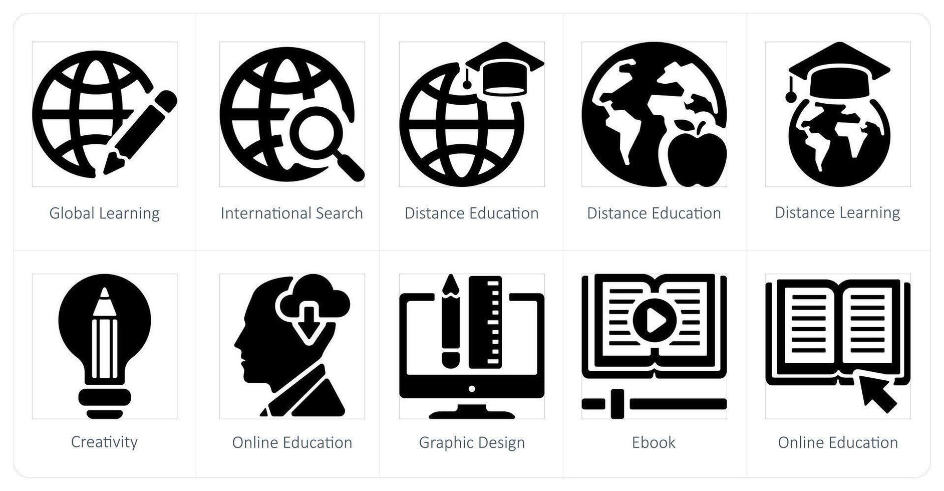 une ensemble de dix en ligne éducation Icônes comme global apprentissage, international recherche, distance éducation vecteur
