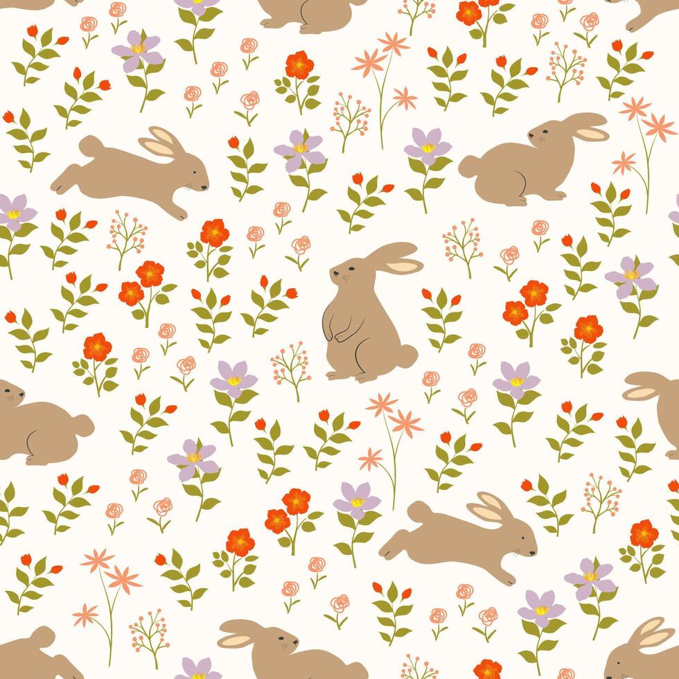Pâques sans couture modèle avec main tiré mignonne lapins sur printemps jardin pour Pâques emballage papier, tissu, textile, vêtements ou fond d'écran vecteur