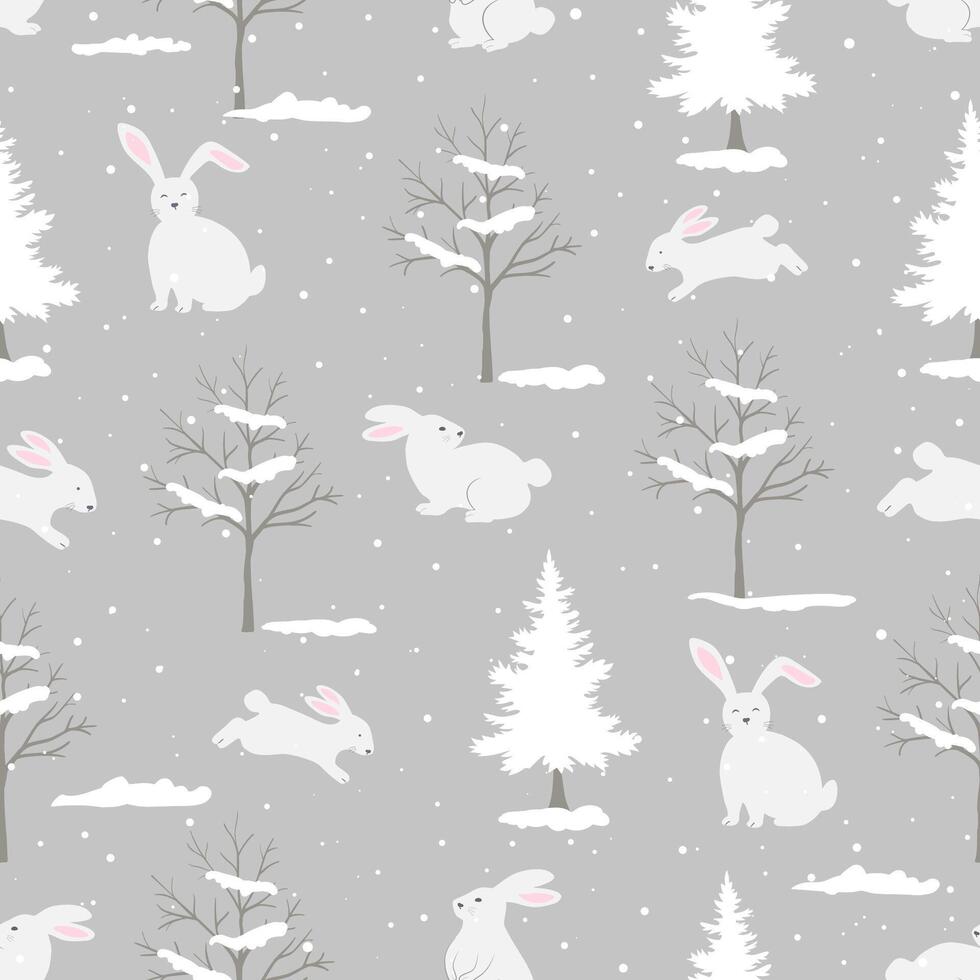 sans couture modèle avec mignonne blanc lapins, arbres et neige sur gris Contexte pour décoratif, tissu, textile, impression ou emballage papier vecteur