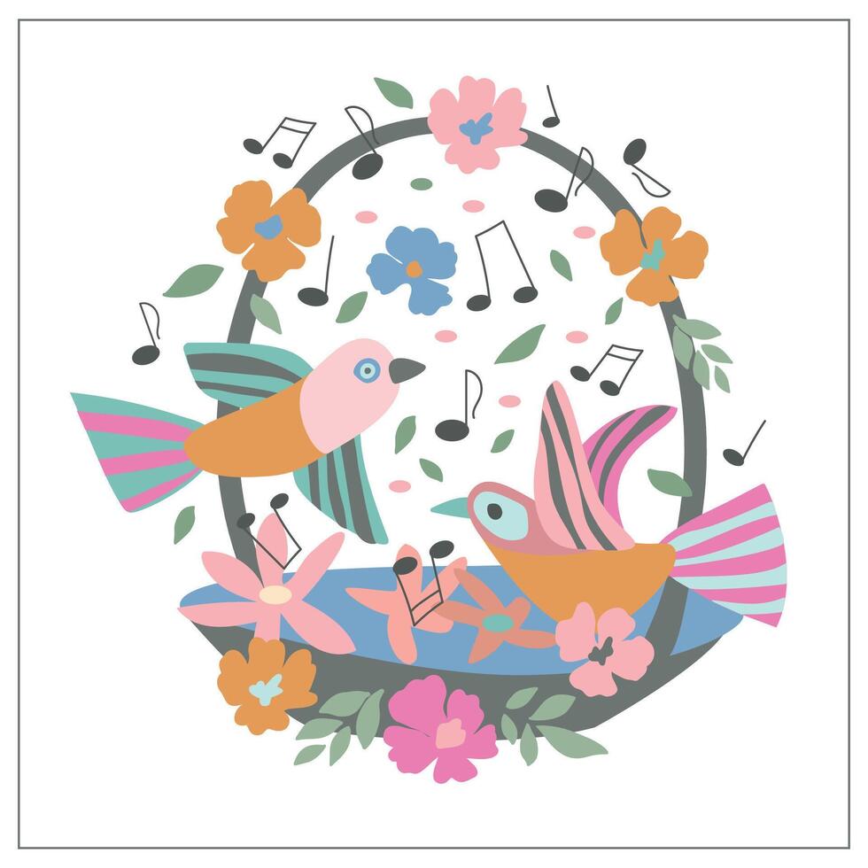 illustration de une panier, des oiseaux et fleurs et Remarques. vecteur