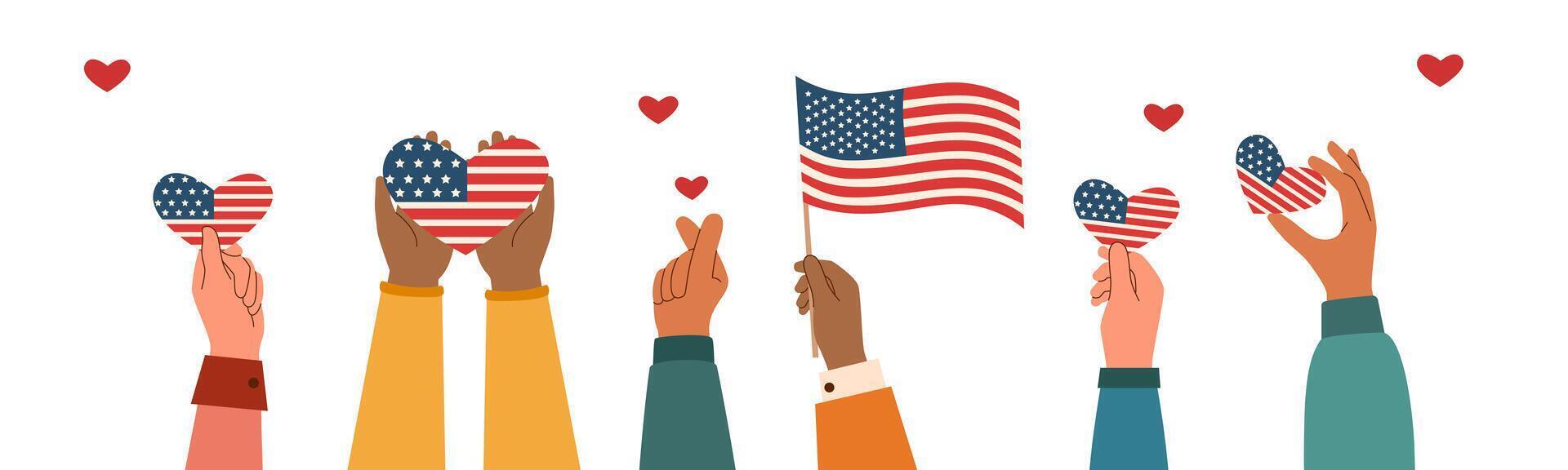 gens main en portant américain drapeau et cœurs. Mémorial journée et indépendance journée concept. vecteur