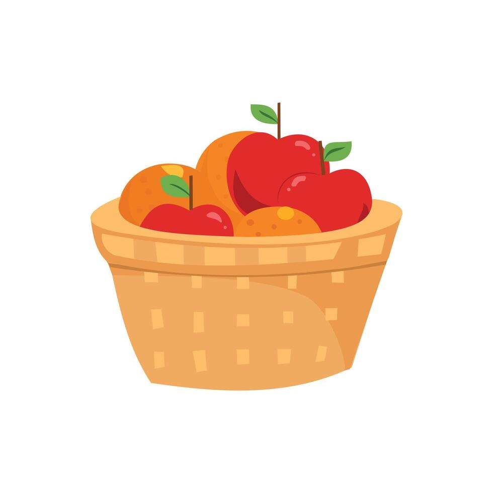 panier avec pommes et des oranges. illustration dans dessin animé style sur une blanc Contexte. élément conception de panier de fruit vecteur