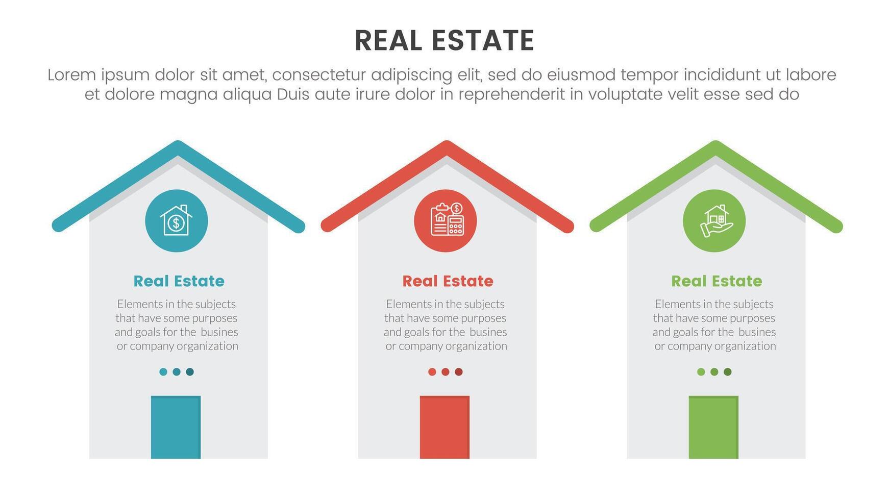 réel biens propriété infographie modèle bannière avec haute maison bâtiment avec cercle badge avec 3 point liste information pour faire glisser présentation vecteur