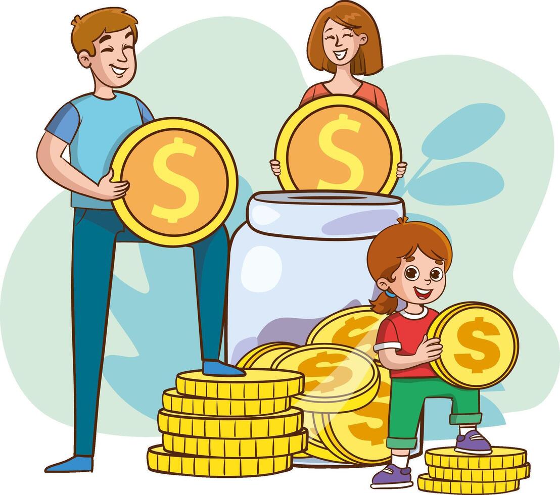 famille met argent dans le porcin banque. peu père, mère et enfant investir dans futur plat illustration. des économies concept pour famille budget, bannière, site Internet conception ou atterrissage la toile page vecteur