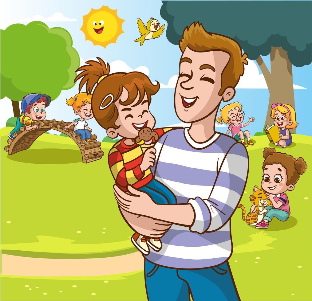 content famille en marchant dans le ville parc. père, mère, fils et fille ensemble en plein air. illustration dans dessin animé style vecteur