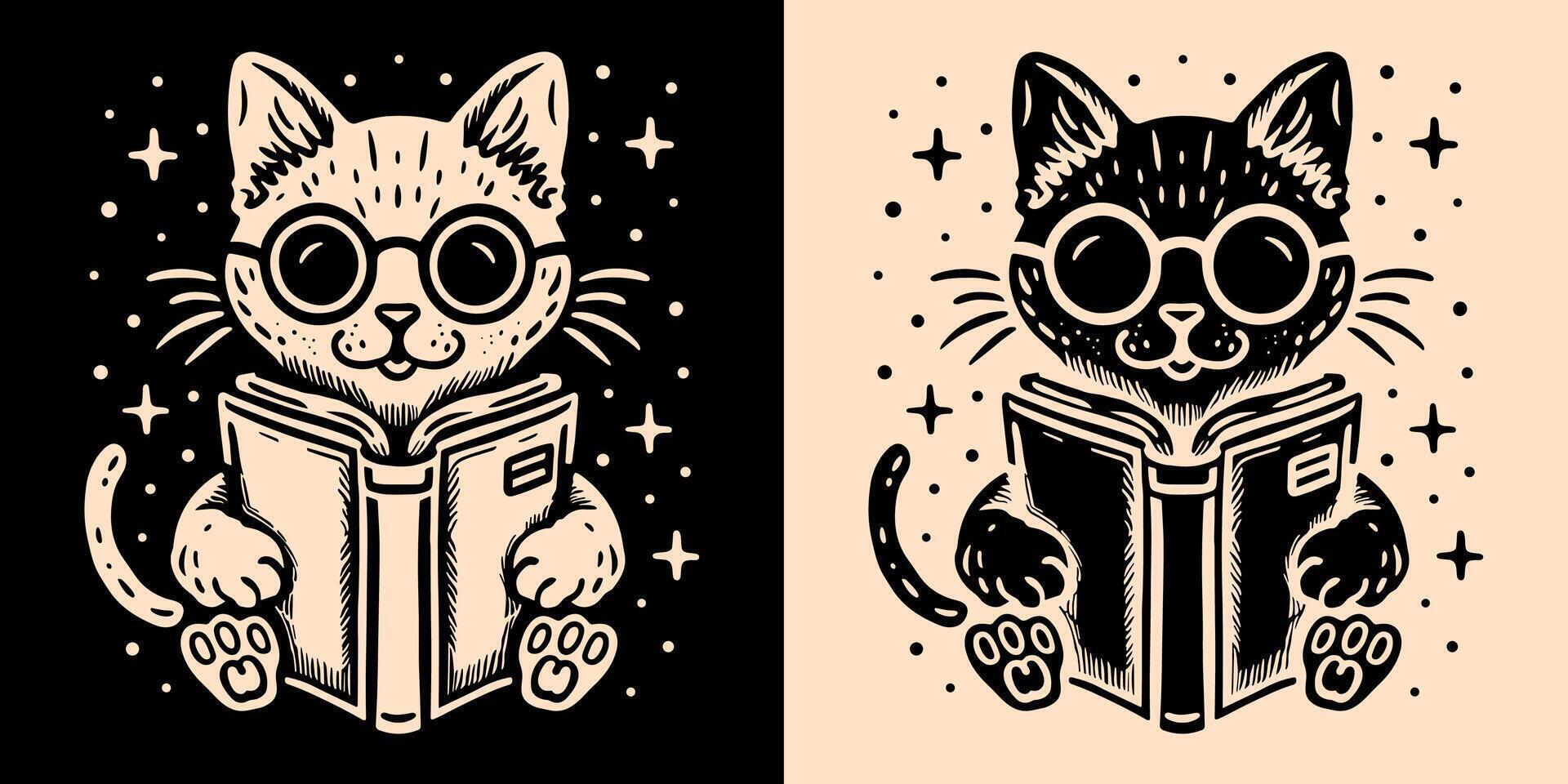chat en train de lire une livre noir et beige chaton portant des lunettes et en portant une livre céleste galaxie fantaisie esthétique ancien rétro dessin pour chats et livre les amoureux minimaliste illustration chemise impression vecteur