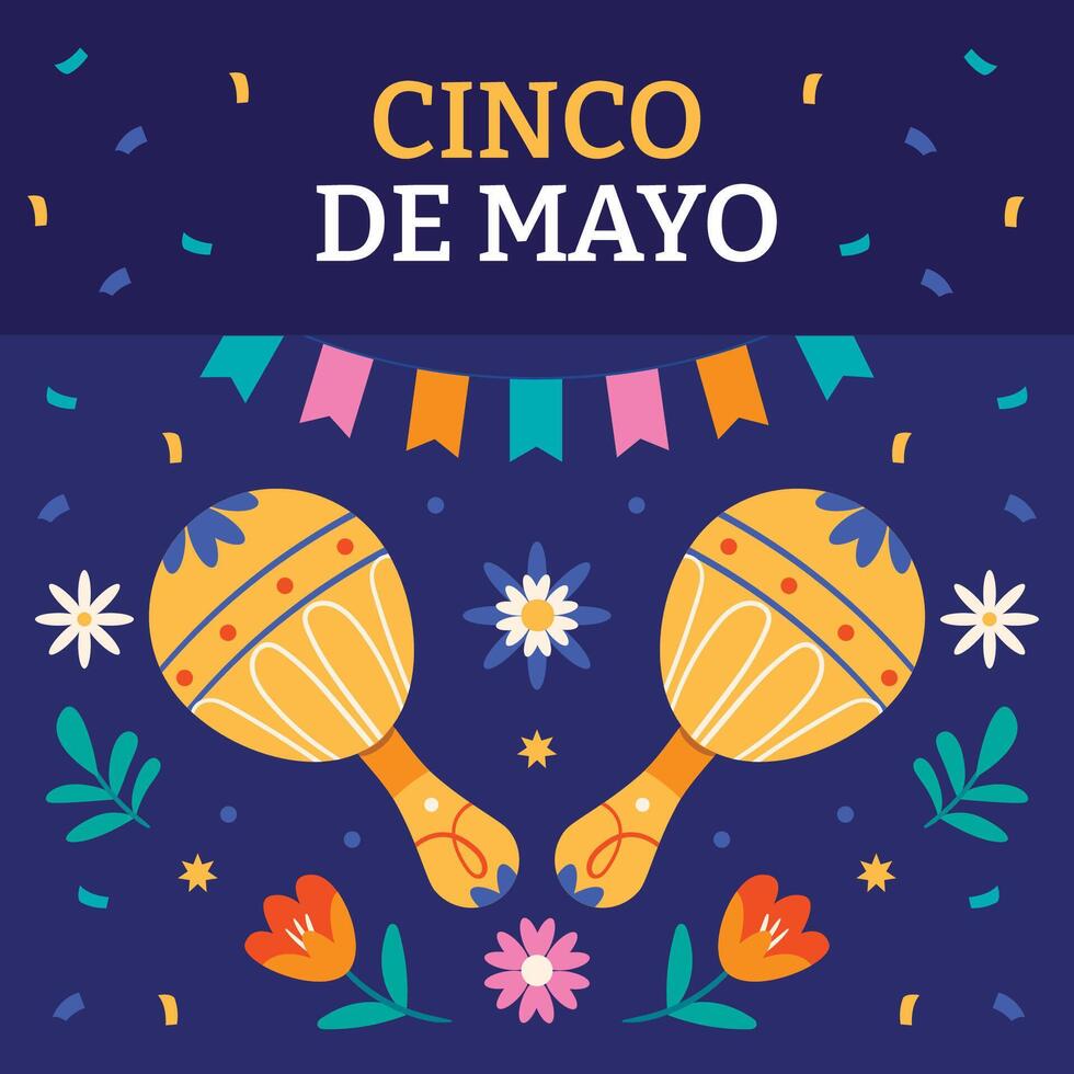 cinco de mayo bannière avec maracas fleurs et confettis. vecteur