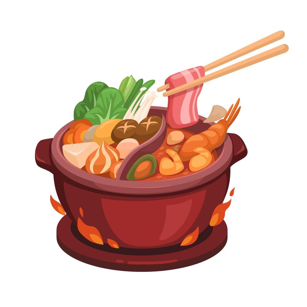 chinois chaud pot soupe asiatique nourriture dessin animé illustration vecteur