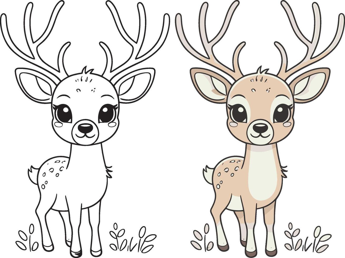 cerf, mignonne dessin animé personnage, ligne dessin et coloré coloration page. vecteur