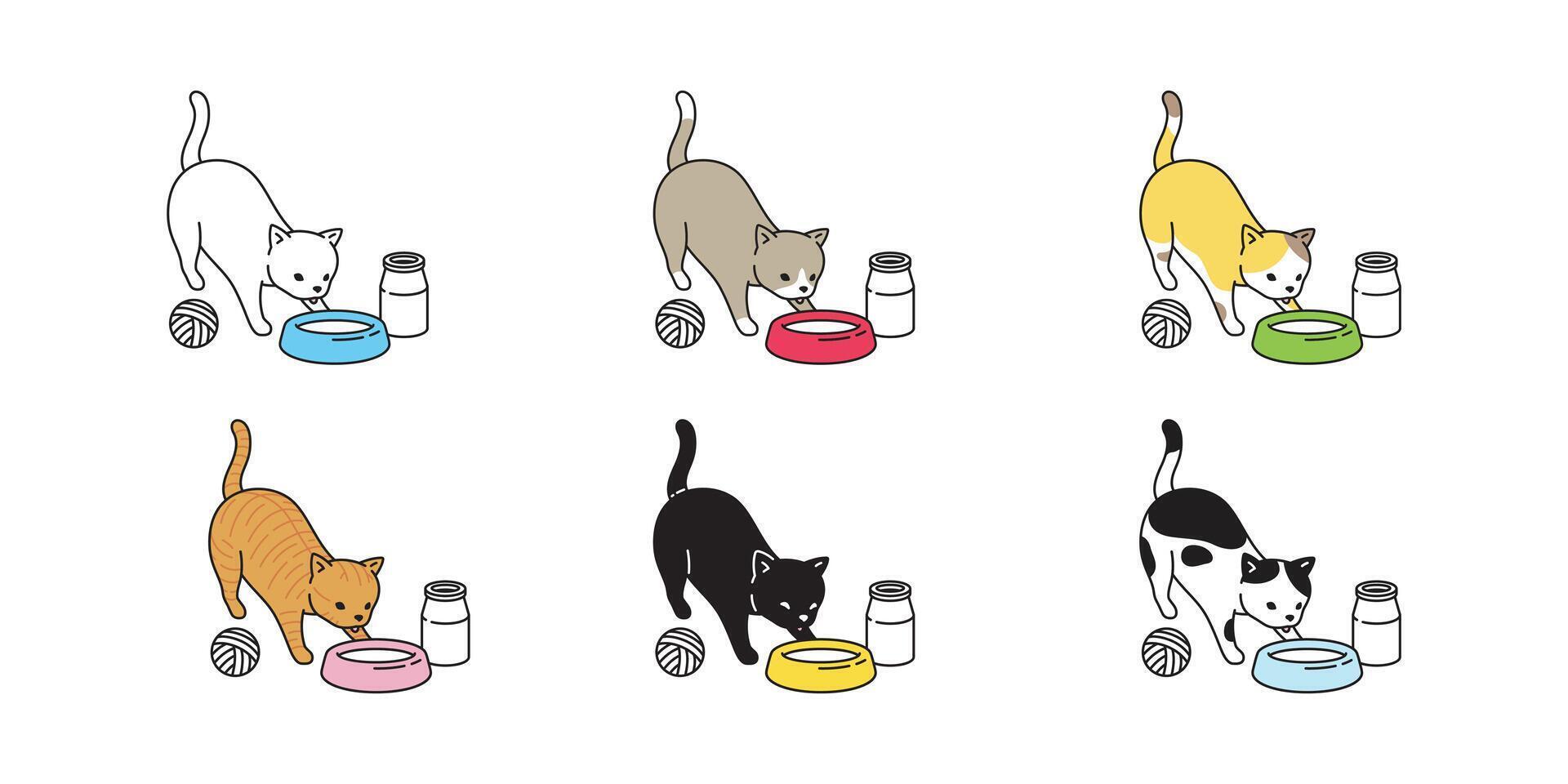 chat chaton Lait calicot icône nourriture jouet fil Balle animal de compagnie dessin animé personnage symbole illustration griffonnage conception vecteur