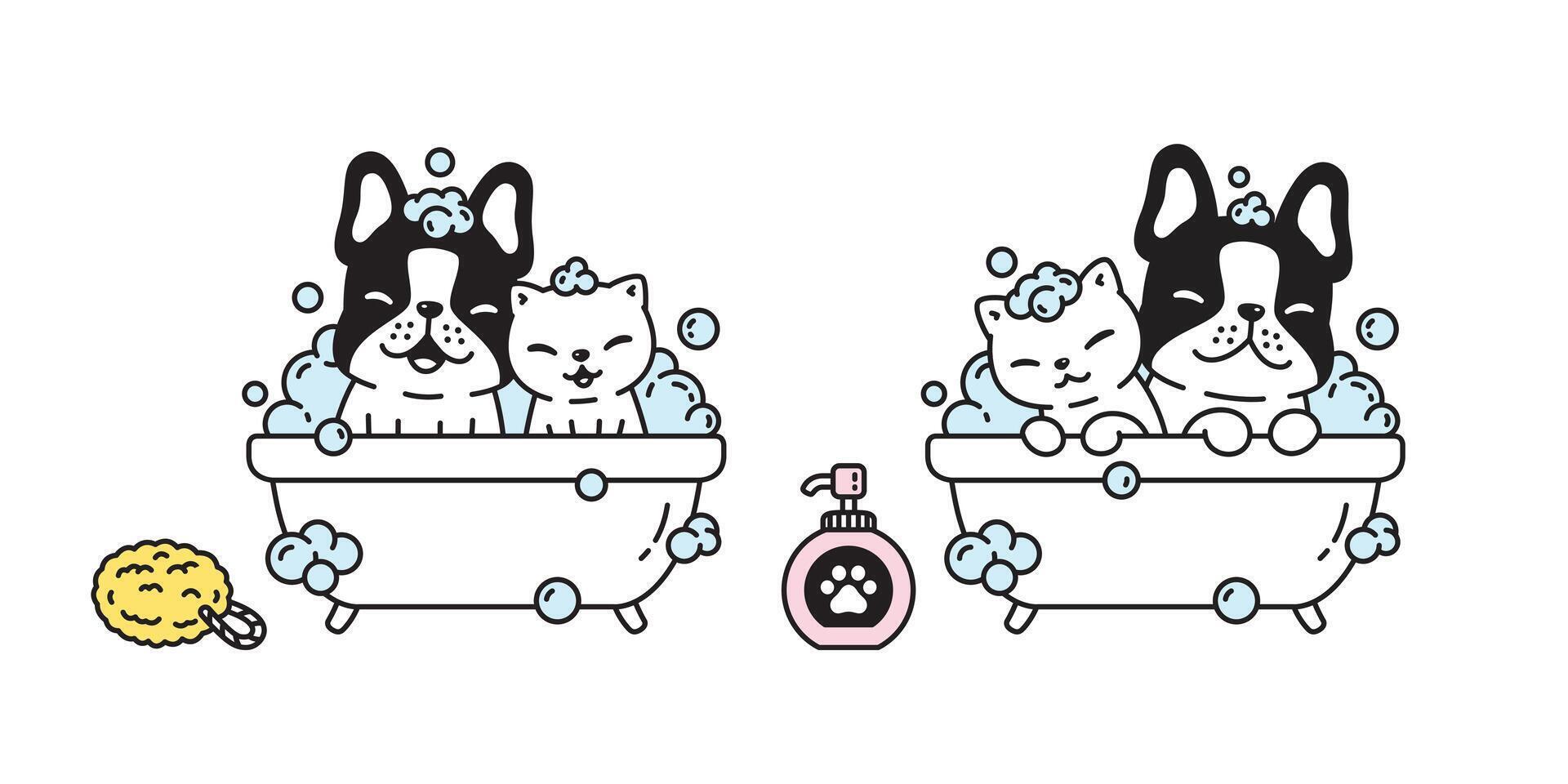 chien chat français bouledogue icône douche une baignoire chaton savon shampooing animal de compagnie chiot dessin animé personnage symbole illustration griffonnage conception vecteur