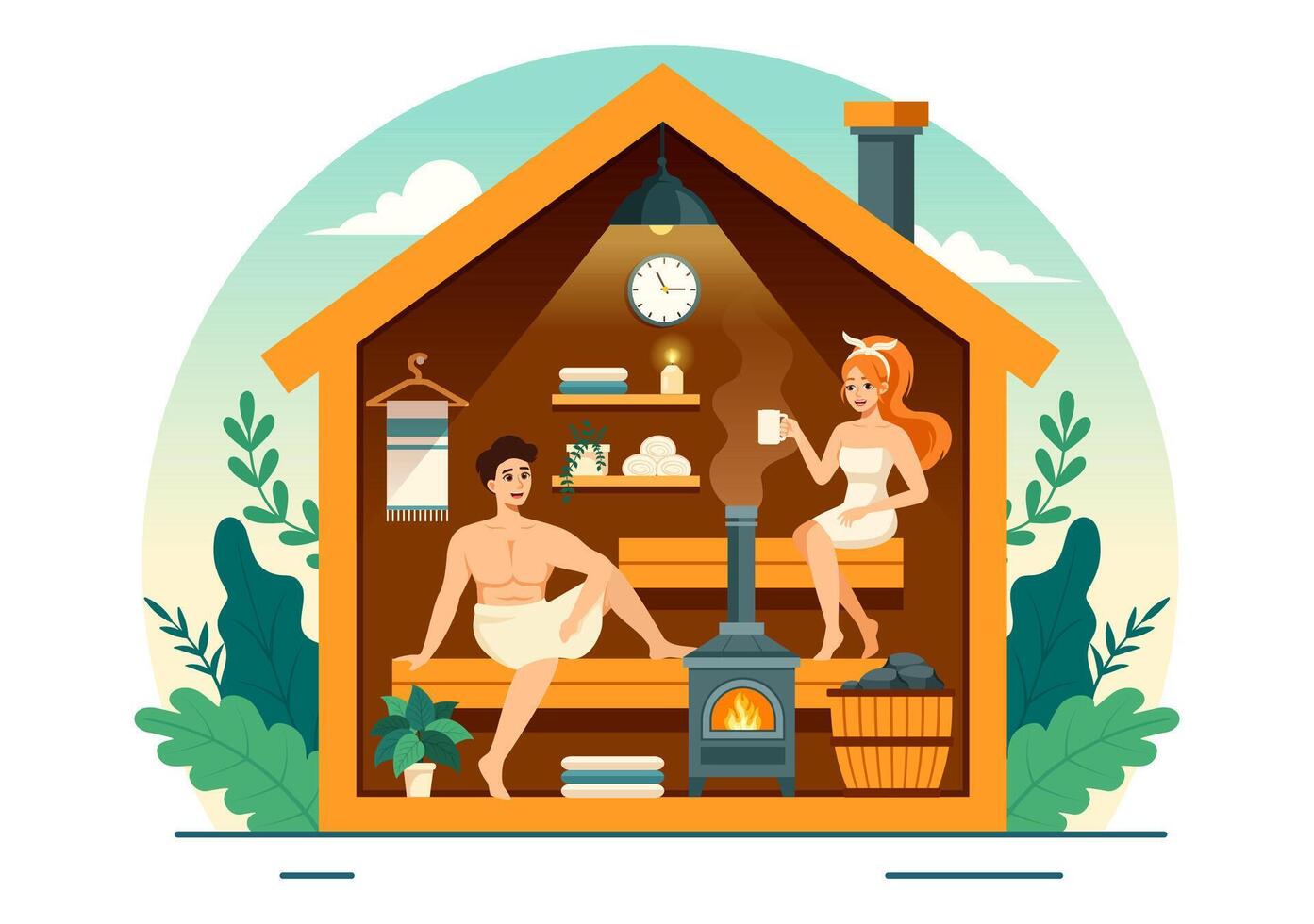 sauna et vapeur pièce illustration avec gens se détendre, la lessive leur corps ou profiter temps dans plat dessin animé Contexte conception vecteur