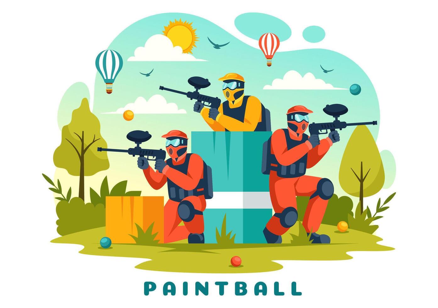 gens en jouant paintball illustration de combattant joueur tournage avec pistolet tirer, but, attaque dans champ scène dans plat dessin animé Contexte vecteur