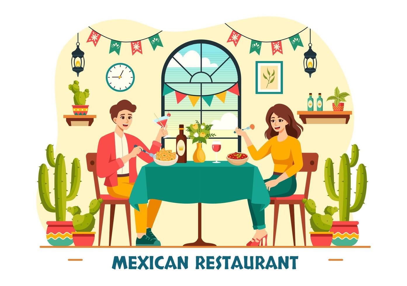 mexicain nourriture restaurant illustration avec divers de délicieux traditionnel cuisine tacos, Nachos et autre sur plat dessin animé Contexte vecteur