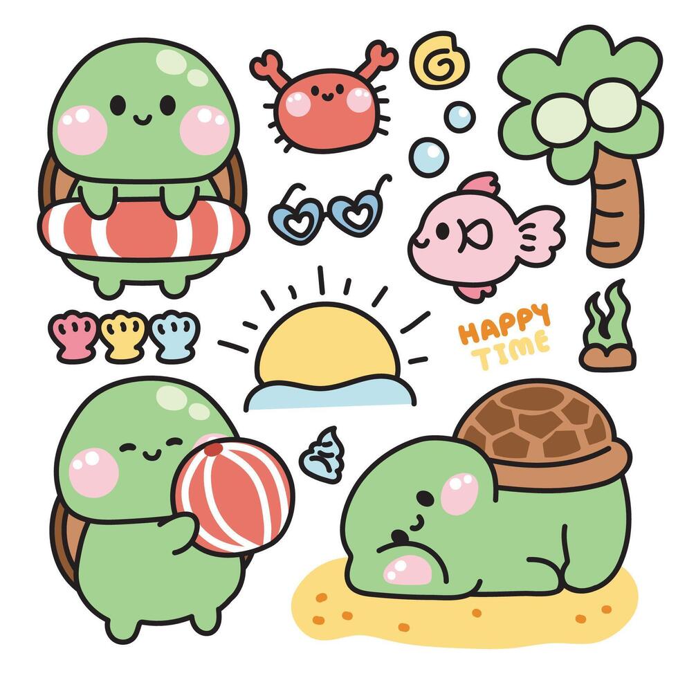 ensemble de mignonne tortue dans mer et plage concept.marine animal personnage dessin animé design.soleil,noix de coco arbre, sable, poisson, crabe, corail main dessiné.été.kawaii.illustration. vecteur