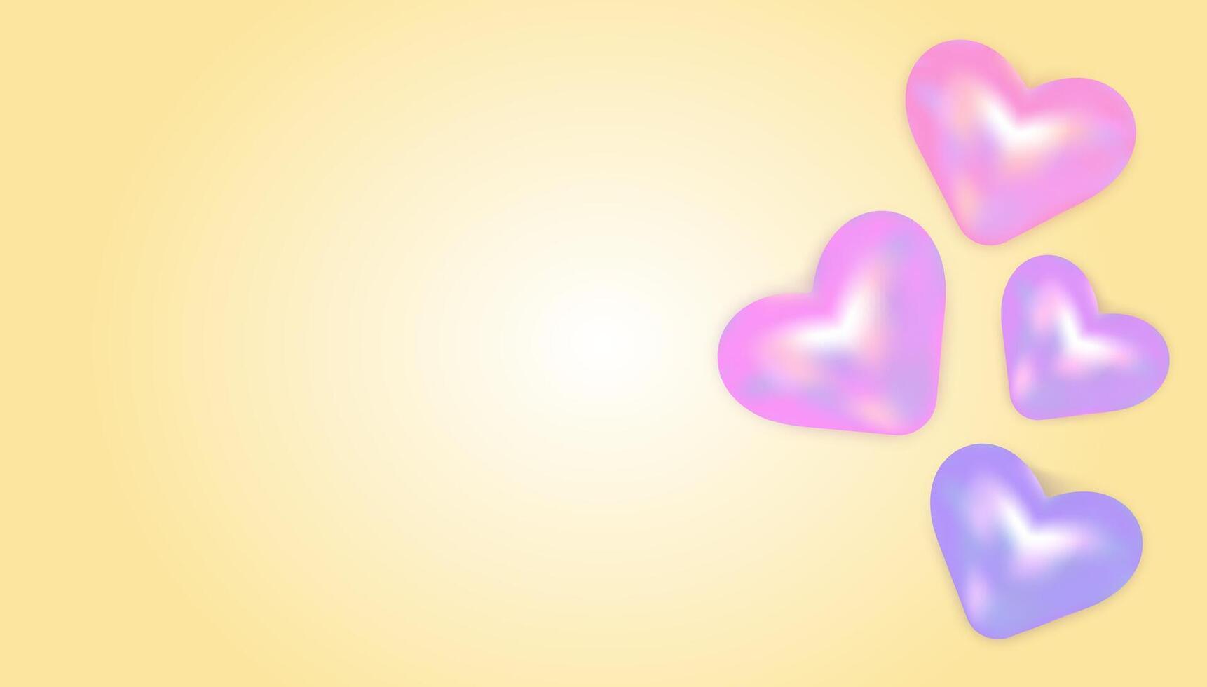pastel rose brillant cœurs sur lumière Jaune Contexte illustration. violet et rose 3d objets sur Vide bannière vecteur