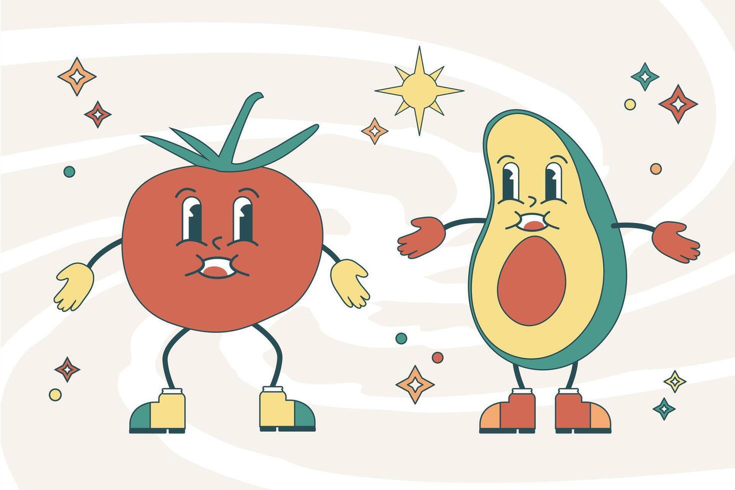 sensationnel mignonne illustration de tomate et Avocat personnages vecteur