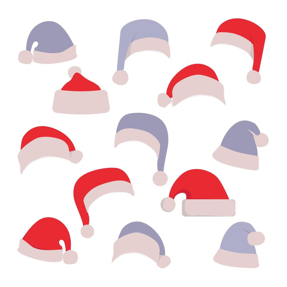 Ensemble de chapeaux de père Noël rouge et bleu isolé sur fond blanc vierge vecteur