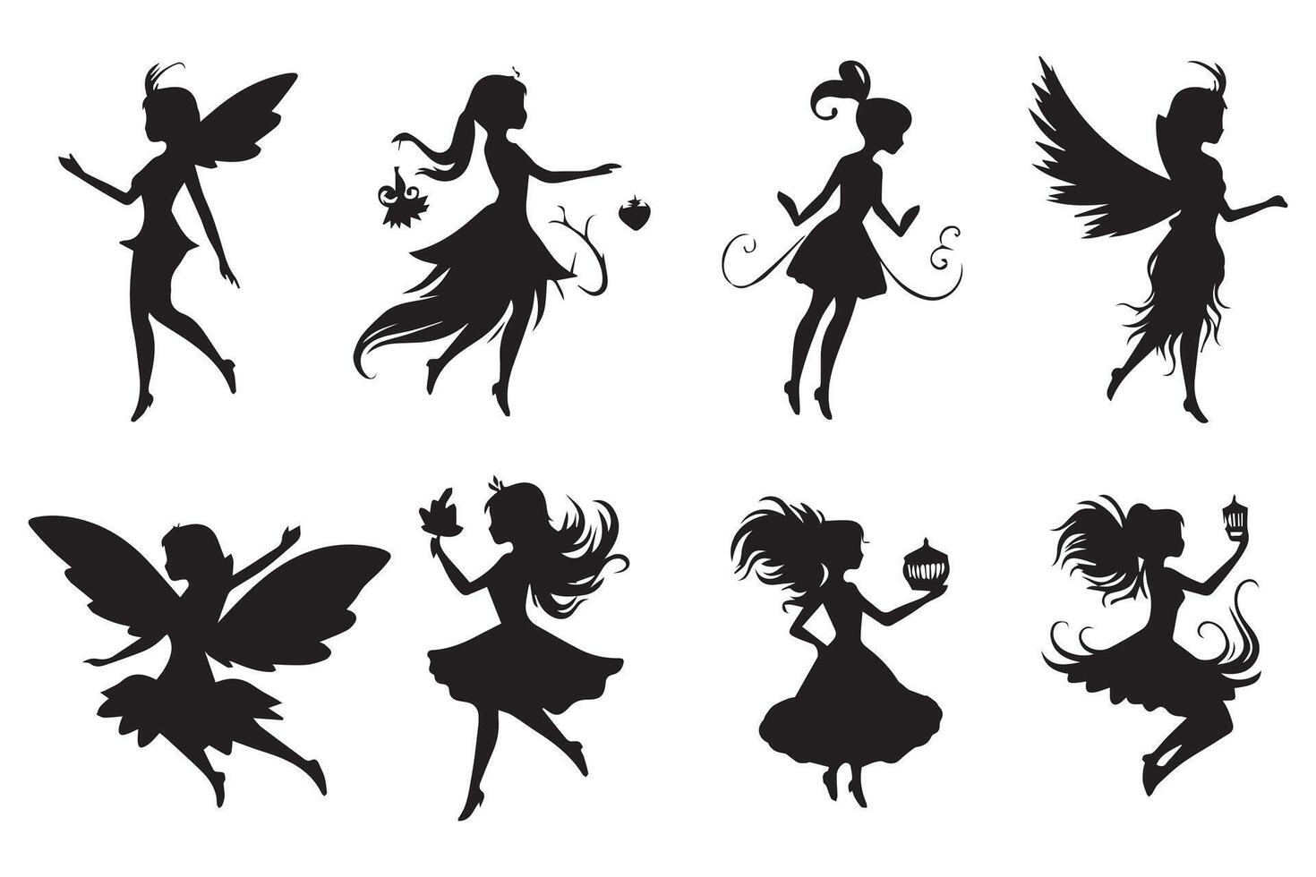 ensemble de silhouettes de fées isolé sur blanc Contexte. magique fées dans le dessin animé style gratuit conception vecteur
