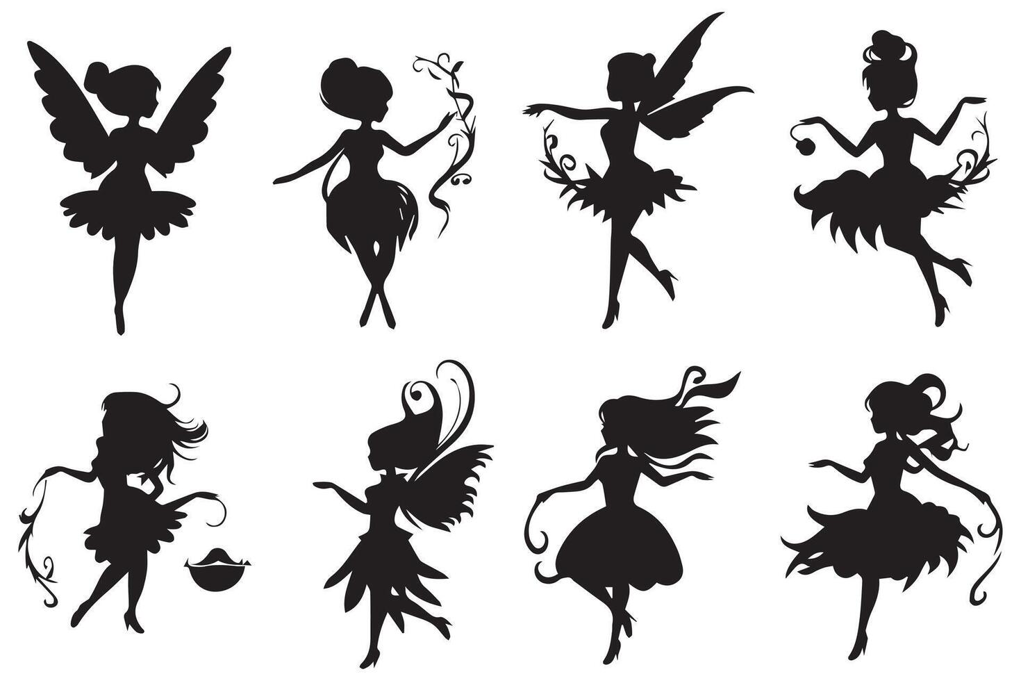 ensemble de silhouettes de fées isolé sur blanc Contexte. magique fées dans le dessin animé style gratuit conception vecteur