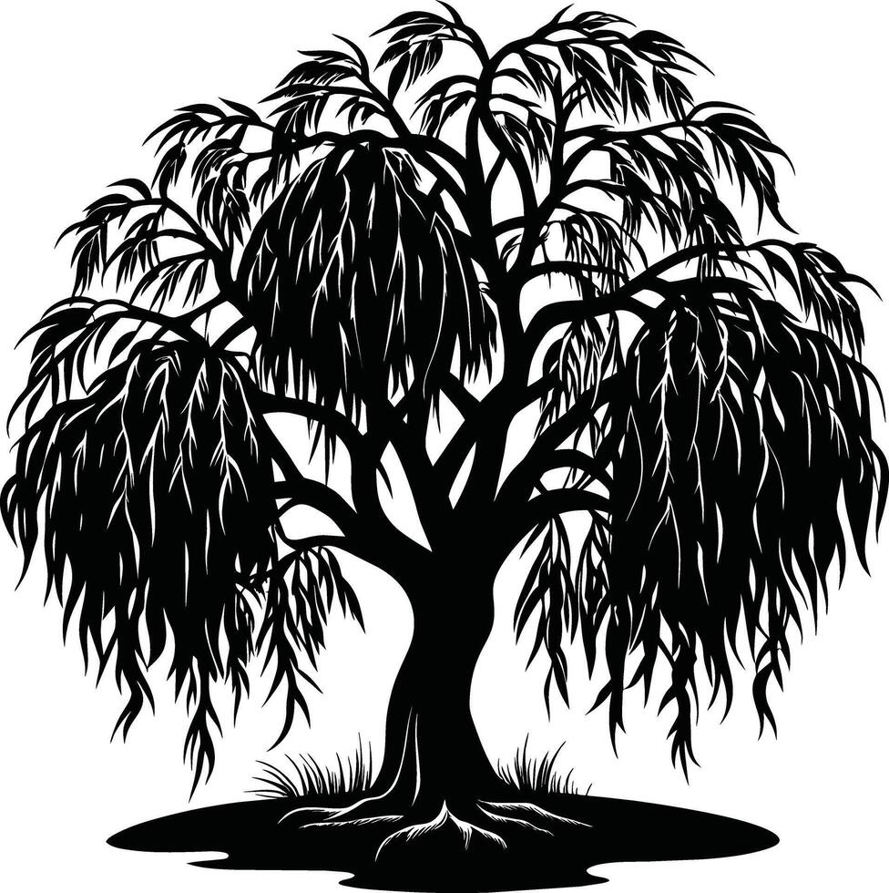 une noir et blanc silhouette de une saule arbre vecteur