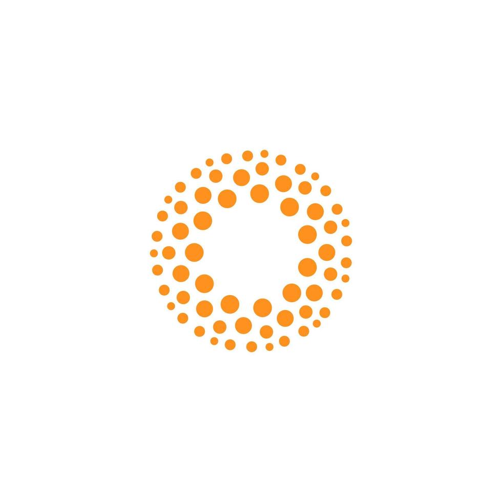 modèle de logo rond abstrait orange, logotype créatif d'art de points de demi-teintes. icône de soleil chaud et chaud, symbole de technologie innovante et d'éducation. spa, bronzage solaire et emblème vectoriel de shampooing.