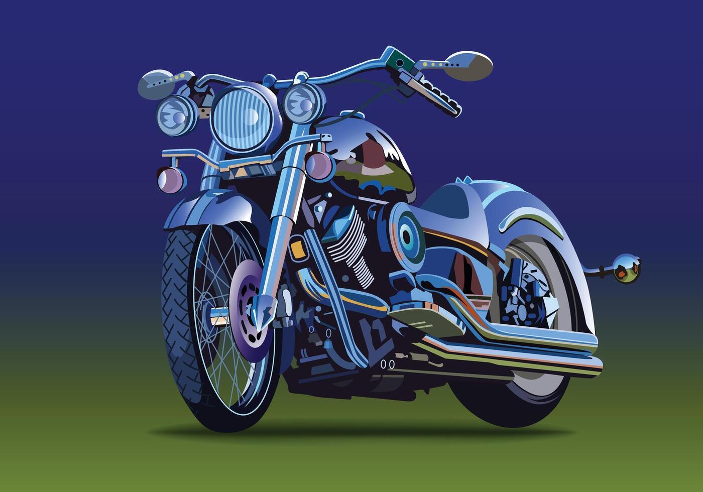 classique bleu moto avec métal et Chromé accessoires sur une bleu Contexte. vecteur