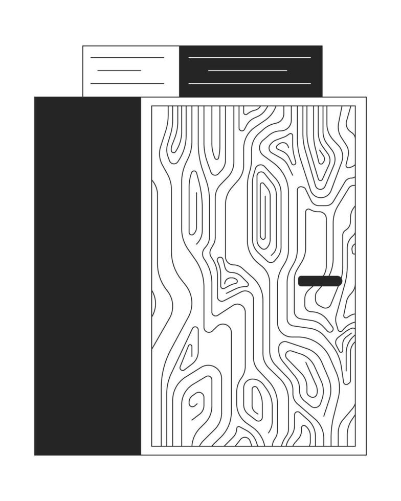 en bois cabinet avec papier empiler noir et blanc 2d ligne dessin animé objet. minimaliste Bureau meubles isolé contour articles. pièce ameublement détail monochromatique plat place illustration vecteur