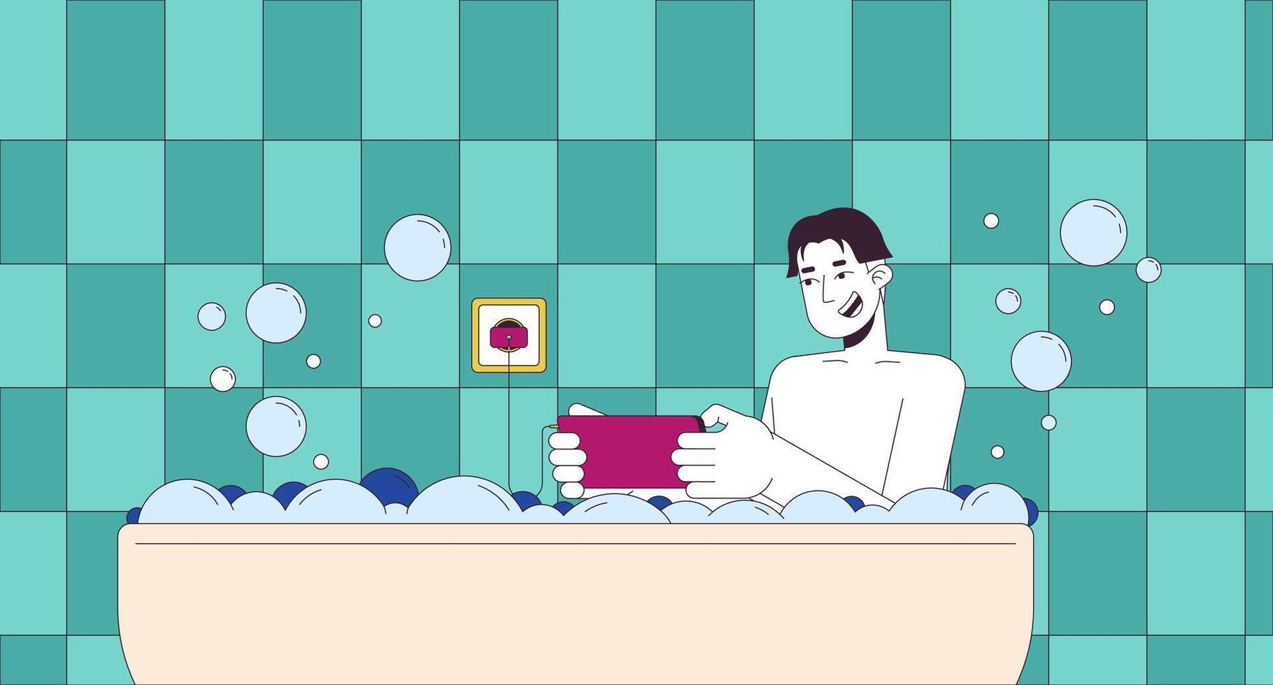 content homme avec téléphone intelligent prise une baignoire dessin animé plat illustration. négligent asiatique Masculin en utilisant électrique dispositif dans l'eau 2d ligne personnage coloré Contexte. danger scène narration image vecteur