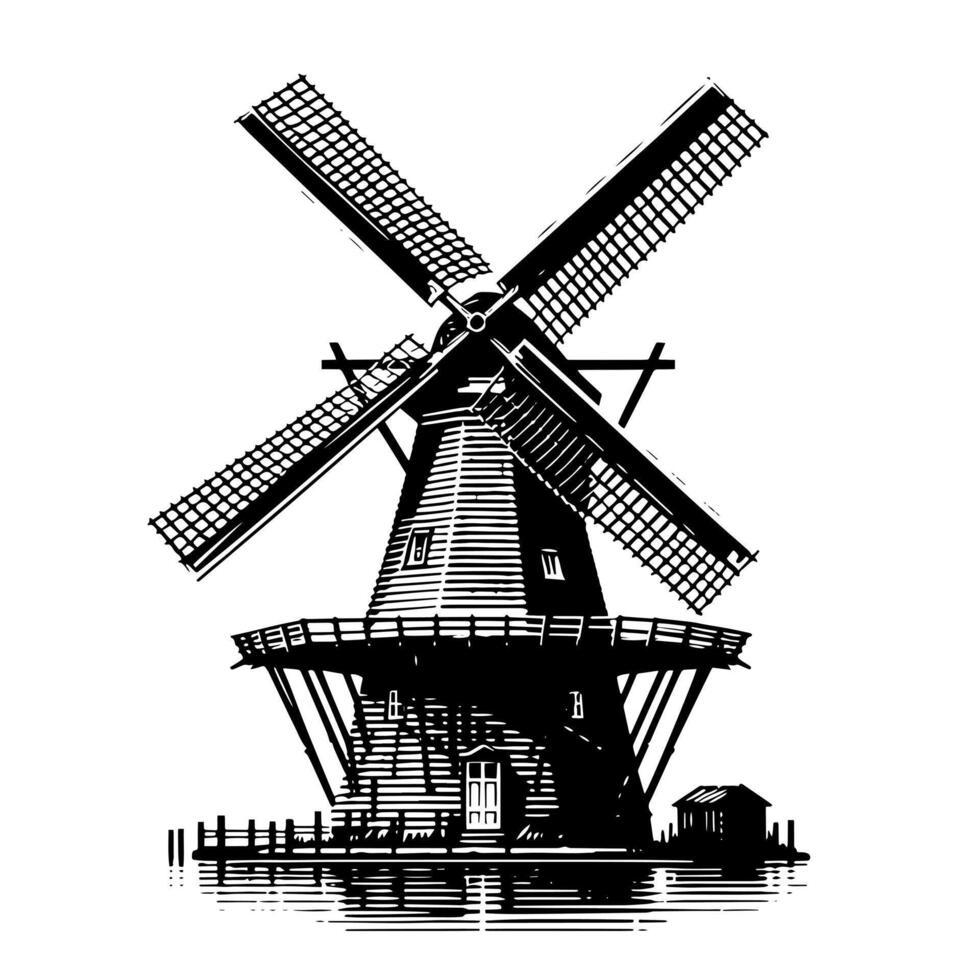 noir et blanc illustration de une traditionnel vieux Moulin à vent dans Hollande vecteur