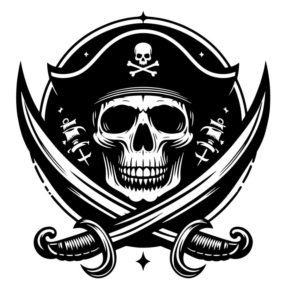 noir et blanc illustration de pirate symbole avec épées et chapeau vecteur