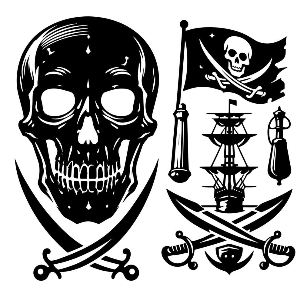 noir et blanc illustration de pirate symbole avec épées et chapeau vecteur