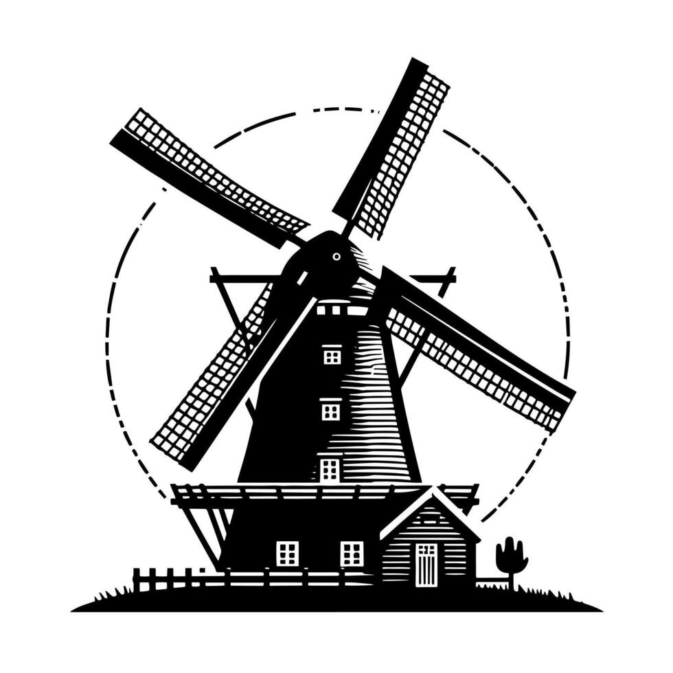 noir et blanc illustration de une traditionnel vieux Moulin à vent dans Hollande vecteur