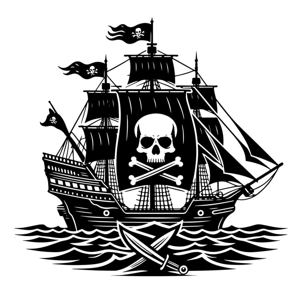 noir et blanc illustration de pirate navire vecteur