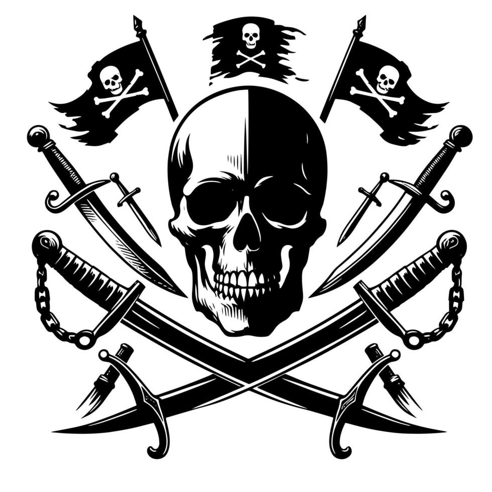 noir et blanc illustration de pirate symbole avec épées et chapeau vecteur