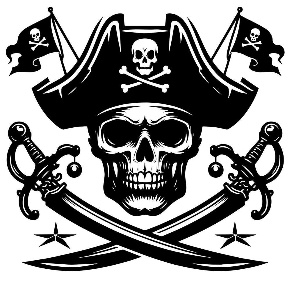 noir et blanc illustration de pirate symbole avec épées et chapeau vecteur