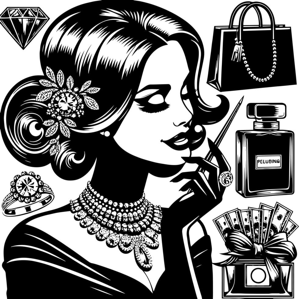 noir et blanc illustration de une chanceux luxueux achats Dame avec Sacs et diamants et parfum vecteur