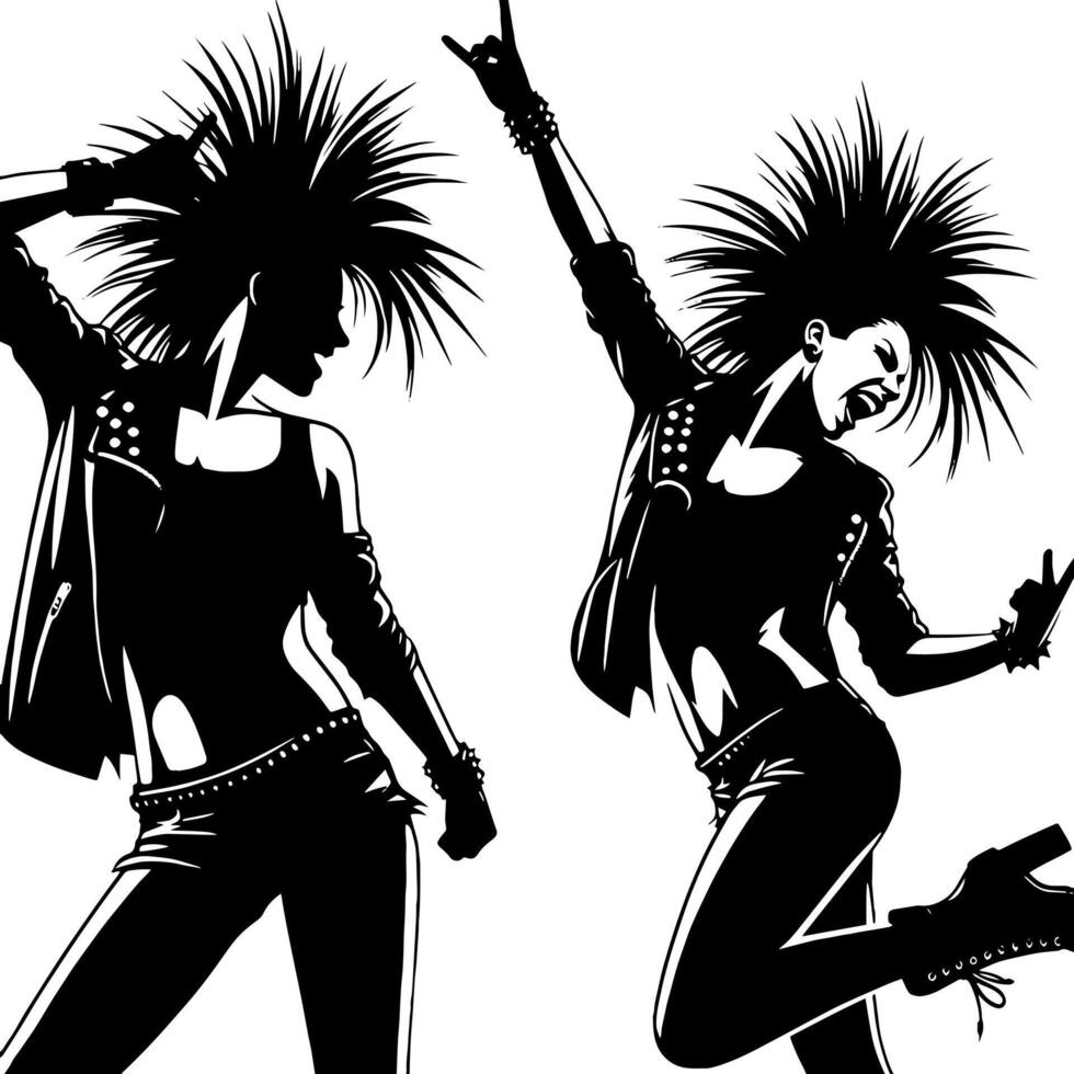 noir et blanc illustration de une punk femme est dansant et tremblement dans une réussi pose vecteur