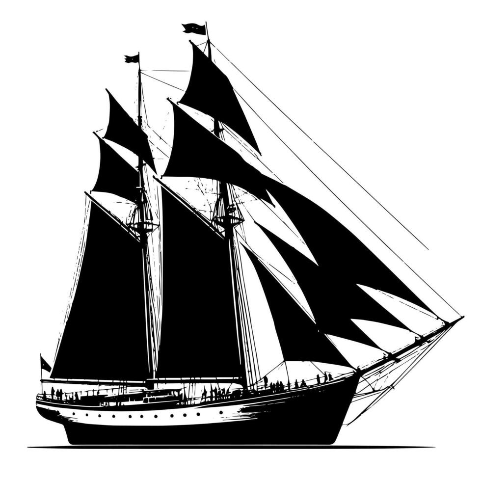 noir et blanc illustration de une traditionnel vieux voile navire vecteur