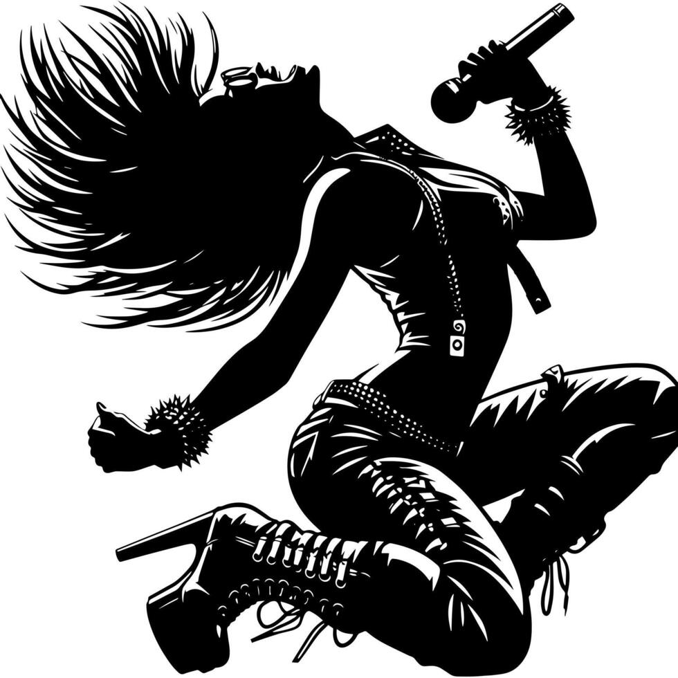 noir et blanc illustration de une punk femme est dansant et tremblement dans une réussi pose vecteur