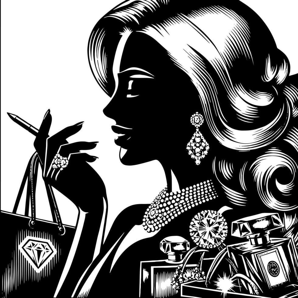 noir et blanc illustration de une chanceux luxueux achats Dame avec Sacs et diamants et parfum vecteur